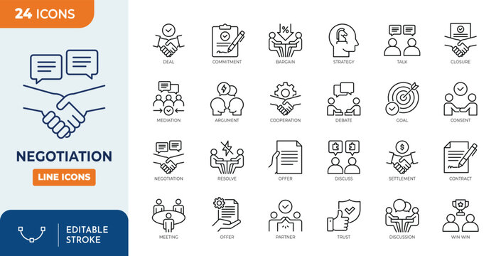 Negotiation icon set. contain icons related to Negotiation, deal, discussing, bargain, offer, agreement, talk, contract, and more. Editable stroke. Vector illustration