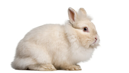 Fototapeta premium Fluffy cream-colored rabbit with curious expression and soft fur sitting peacefully in studio
