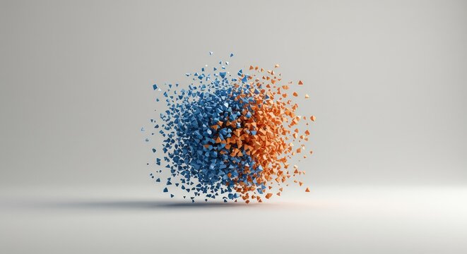 Abstract representation of increasing disorder. A geometric form dissolving into numerous scattered elements across a blank void, form, system, simplicity