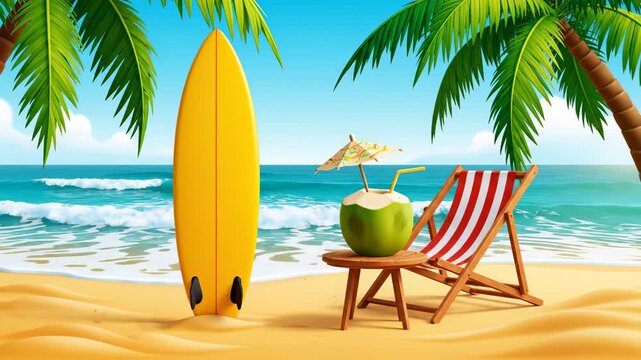 Cartoon tropical beach scene featuring surfboard deckchair and coconut drink animation background