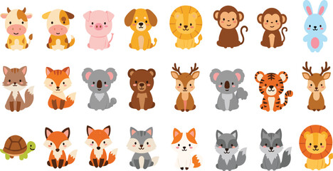 Fototapeta premium Cute Cartoon Forest and Wild Animal Collection Featuring Fox, Bear, Deer, Tiger, Koala, Lion, Monkey, Rabbit and More for Kids Nursery Design Projects.