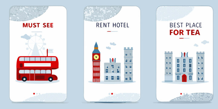 London tourism illustrated mobile banners with iconic landmarks and text