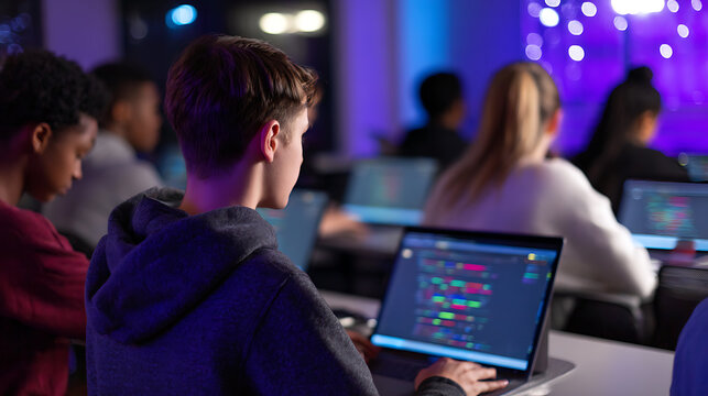 Young adult student engages with laptop program code illustration, focused and learning in a vibrant, modern tech classroom or workshop environment