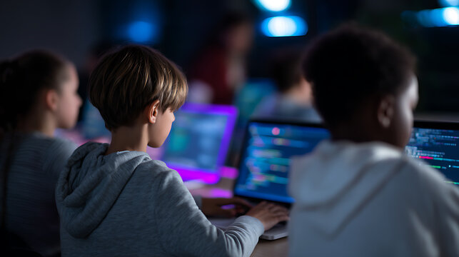 Young diverse students learn computer coding and programming in a modern classroom environment, focused on laptops with colorful glowing screens