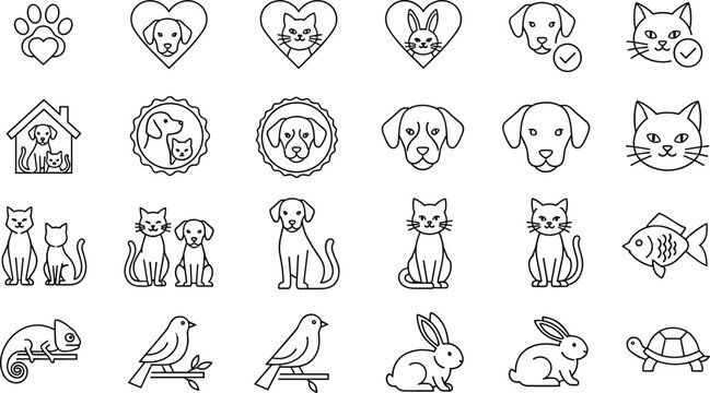 Pet shop line icons set featuring dogs, cats, birds, rabbits, fish, and reptiles for veterinary clinic branding and animal care design.