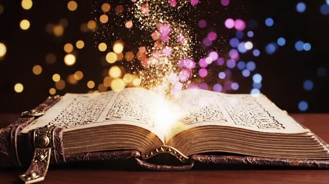 Magical book emits sparkles, revealing hidden stories. Enchanted pages glow with vibrant colors in soft light. Fantasy atmosphere inspires imagination and creativity.