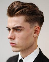 Fototapeta premium comb styling side part hairstyle, sharp clean lines, professional barber look