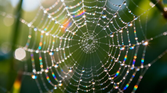 Spider Web Covered in Dew Drops with Rainbow Light