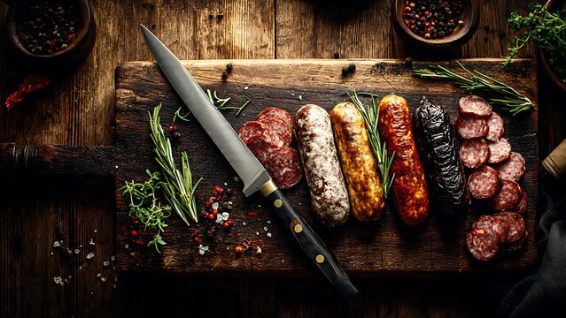 Assortment of gourmet sausages and cured meats expertly prepared with a sharp knife on a rustic wooden board, ready for serving joints