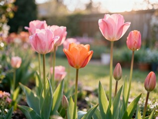 Obraz premium Vibrant Pink and Orange Tulips in Garden