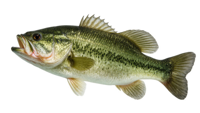 Detailed close-up studio shot of a vibrant green Largemouth Bass fish with open mouth