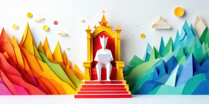 Papercraft scene depicts regal figure seated upon ornate throne. Colorful mountains frame composition, creating vibrant fantasy landscape.