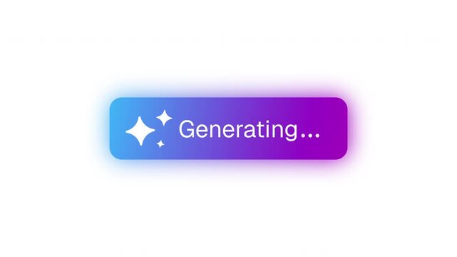 Animated gradient button with &ldquo;Generating&rdquo; text, rotating sparkles and loading dots. Modern UI element representing AI processing, creation and system progress.