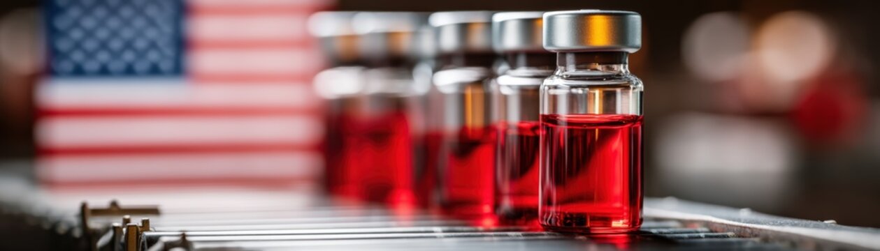 Small glass vials filled with red liquid are lined up, with a blurred American flag in the background, pharmaceutical or medical research, Medicines stock crisis during US and Iran war