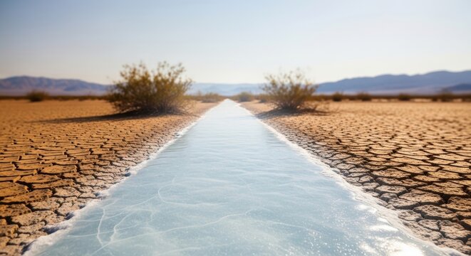 Surreal Frozen River Path through Cracked Desert Landscape | Glacial Ice in Arid Ground
