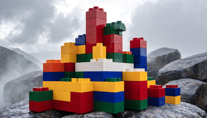 Fototapeta premium Colorful Stacked Building Blocks Castle on Rocky Outdoor Background
