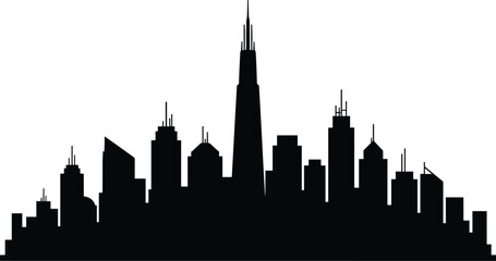Obraz premium Black silhouette of metropolitan city skyline with skyscrapers, antennas, spires, modern and traditional architecture, urban landmark illustration design