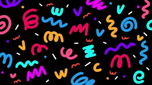Colorful abstract doodle pattern on black background with playful squiggles and shapes. Subtle stop-motion animation creates lively dynamic movement for fun modern design use.