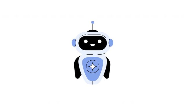 Cute AI robot character floating and gently moving arms while blinking. Minimal animated assistant concept for technology, chatbot, automation. Alpha channel