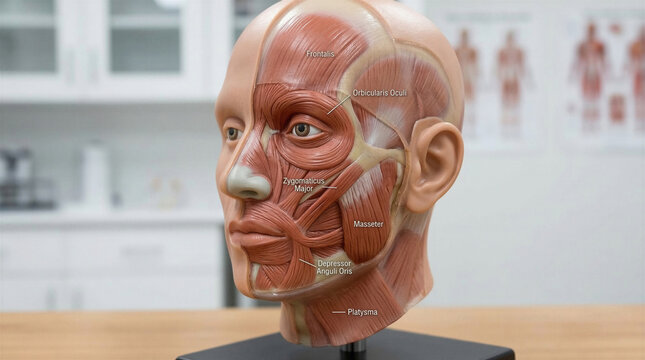 Anatomical model showing human facial muscles for education