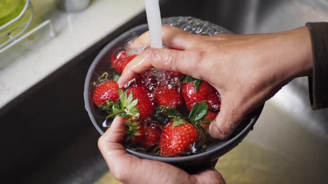 Close up of person's hands washing fresh red strawberries in a bowl under running water from a kitchen faucet, preparing fruit for consumption