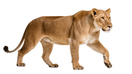 Powerful adult lioness striding gracefully, full length side view of African big cat © Lysander