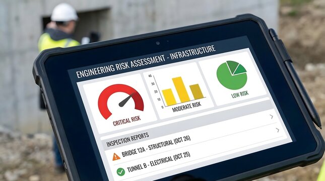 Engineering risk assessment on a tablet for the concept of infrastructure and technology.