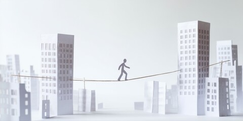 Fototapeta premium Paper cityscape features person balancing on tightrope. Minimalist design, white background, dramatic lighting creates stark contrast.