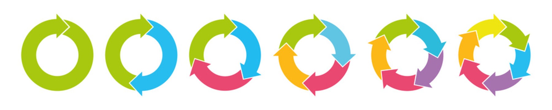 Colorful circle arrows. Cycle infographic icons set. Rotation round scheme process template. Hand drawn illustration.