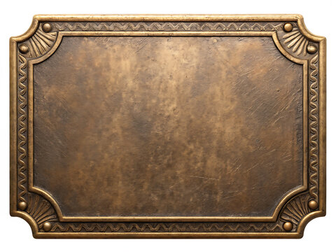 A vintage rectangular brass plaque featuring an ornate decorative border with classic corner motifs
