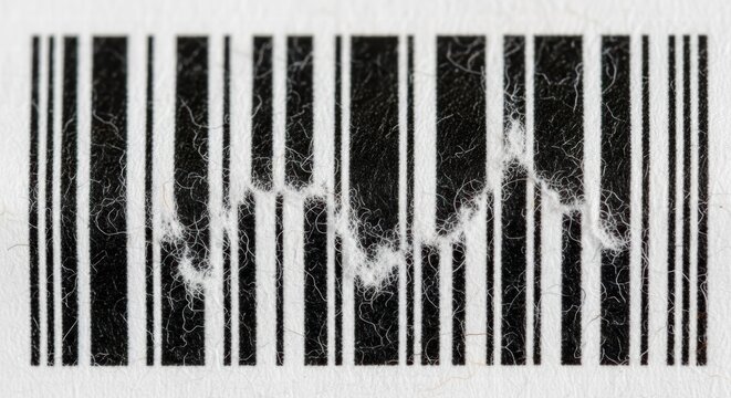 Macro view of a damaged barcode with visible fibers and texture on the paper