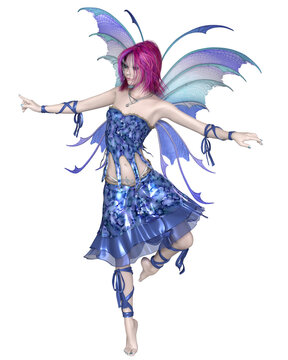 Dancing Fairy in a Blue Dress with Purple Hair, 3d digitally rendered fantasy illustration