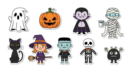 Fototapeta premium Cute cartoon Halloween characters and symbols sticker collection featuring a ghost, pumpkin, vampire, mummy, witch, and Frankenstein's monster.