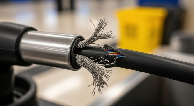 Extreme close-up of a damaged electrical cable with frayed wires and exposed conductors