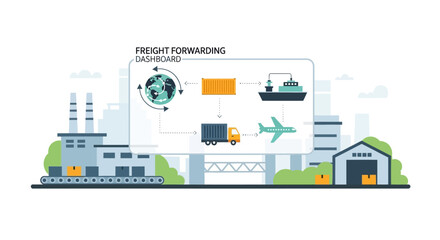 Fototapeta premium Freight Forwarding Dashboard Global Logistics Network Diagram: Supply Chain Management, International Shipping, Air Cargo & Trucking Operations