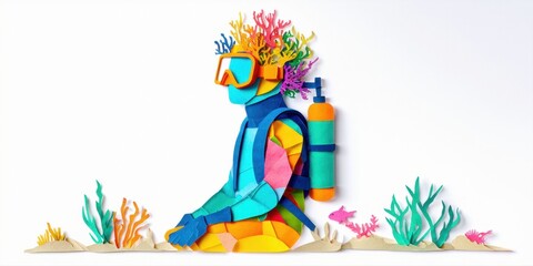 Fototapeta premium Papercraft diver sits amid coral reefs. Bright colors, layered design creates whimsical underwater scene. Peaceful, artistic composition.