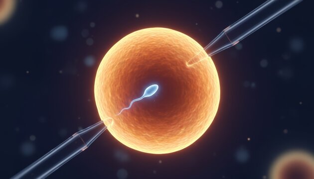 Medical technology illustration showing the in vitro fertilization method with a single sperm cell being injected into an egg cell, representing fertility treatment and human reproduction