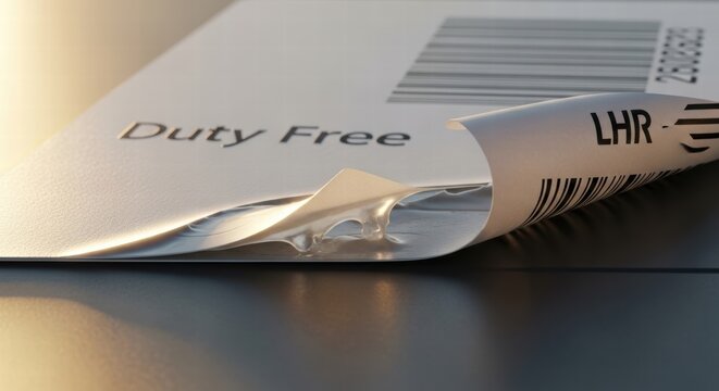 Close-up of a peeling duty-free sticker with barcode and airport code LHR