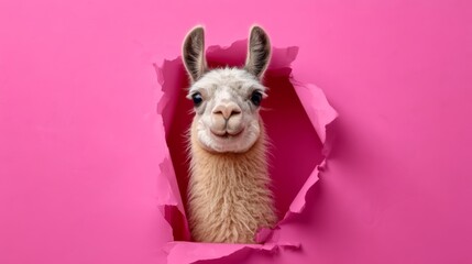 Obraz premium Llama peeking through a torn hole in bright pink paper, showcasing its fluffy fur and playful expression against a vibrant background
