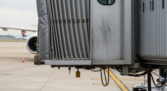 Close-up of a jet bridge connecting to an airplane at an airport tarmac