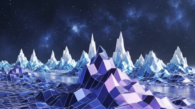 Abstract Crystalline Mountains Reflecting in Water Under Starry Sky.