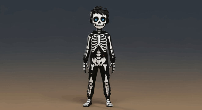A cartoonish 3D rendered skeleton character with glowing blue eyes and black hair, wearing a black suit with white bone patterns, standing upright.