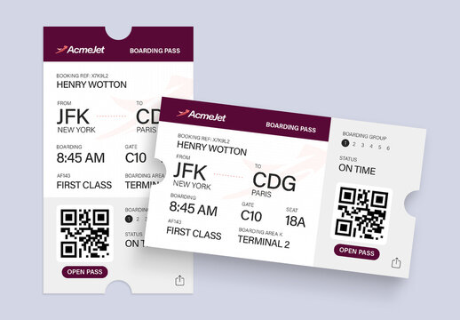 Digital Boarding Pass Template, Airline Ticket Design, QR Travel Pass & Mobile Wallet Card Mockup
