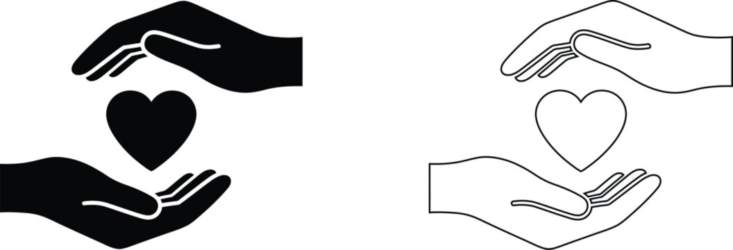 Minimalist hands holding heart icons, charity and care symbols in solid black and thin line styles, 2 vector elements for healthcare and non-profit branding