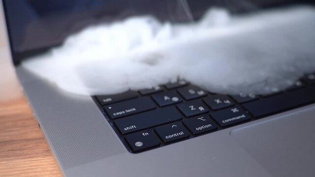 The laptop started smoking. laptop overheating and smoke. High quality FullHD footage