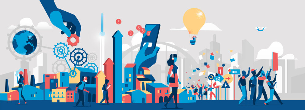 Modern flat illustration of a smart city showing digital transformation, fintech, innovation, and urban growth, with people, mobile technology, data connectivity, and economic progress.