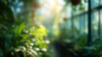 Fototapeta premium Sunlight streams into a lush greenhouse filled with green plants, creating a soft bokeh effect