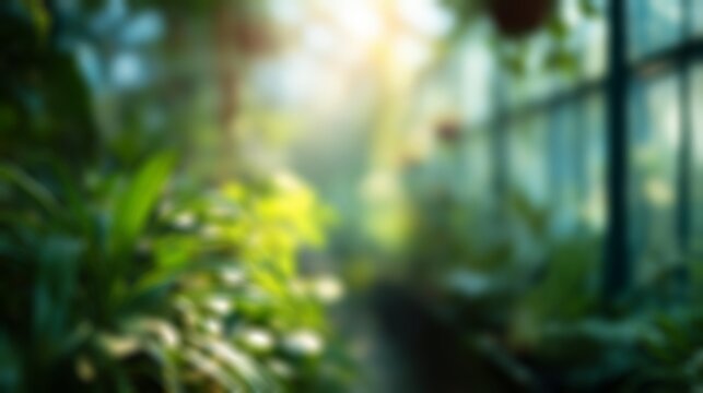 Sunlight streams into a lush greenhouse filled with green plants, creating a soft bokeh effect