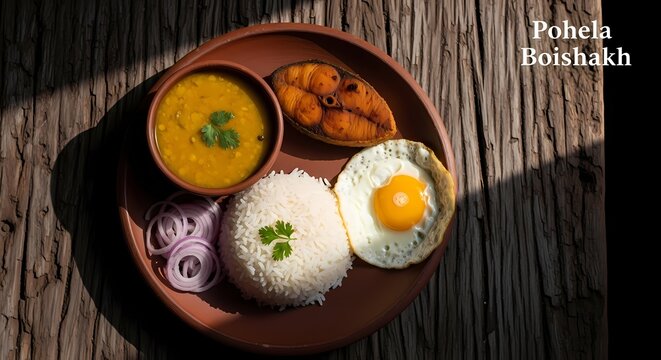 Traditional Pohela Boishakh Panta Ilish Feast.Shubho Noboborsho Bengali New Year Celebration Background