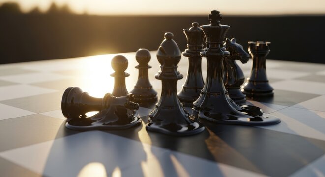 Melting Black Chess Pieces on Board at Sunset - Surreal Concept of Global Warming, Failed Strategy, and Vanishing Power.